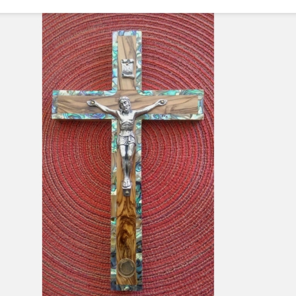 Handmade olive wood hanging cross 10"